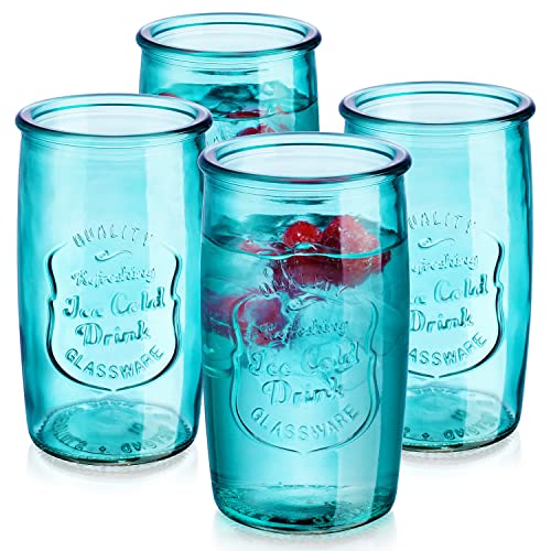 Glaver's Highball Glasses Set of 4 – 20oz Artistic Ice-Cold Pretty Blue – Vintage Glassware with Embossed Logo – Beverage Drinking Glasses for Water, Juice, Cocktails. Hand Wash. - Image 1