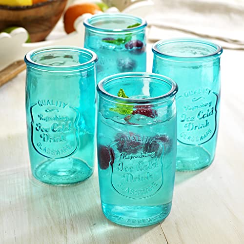 Glaver's Highball Glasses Set of 4 – 20oz Artistic Ice-Cold Pretty Blue – Vintage Glassware with Embossed Logo – Beverage Drinking Glasses for Water, Juice, Cocktails. Hand Wash. - Image 2