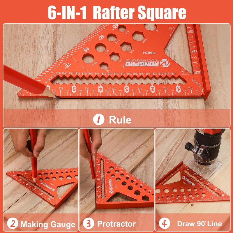 RONGPRO 6-in-1 Carpenter Square 7 inch, Aluminum Rafter Square, Multi-Purpose Carpenter Tools : Wrench, Square, Protractor, Ruler, Marking Gauge, Drill Gauge, Includes 2pcs Carpentry Pencil (Champange) - Image 3