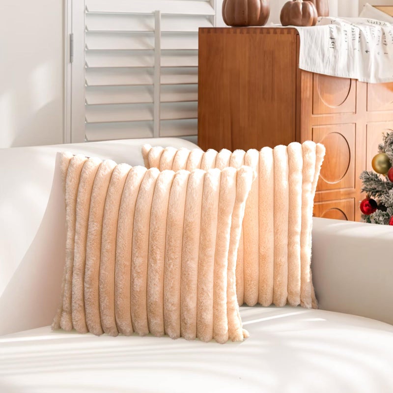 Uhomy Set of 2 Faux Fur Home Decorative Throw Pillow Cover Luxury Super Soft Fuzzy Striped Furry Pillowcase for Sofa Couch Bedroom Comfy Thick Fluffy Plush Cushion Cover 18x18 Inch Khaki Camel 45 cm