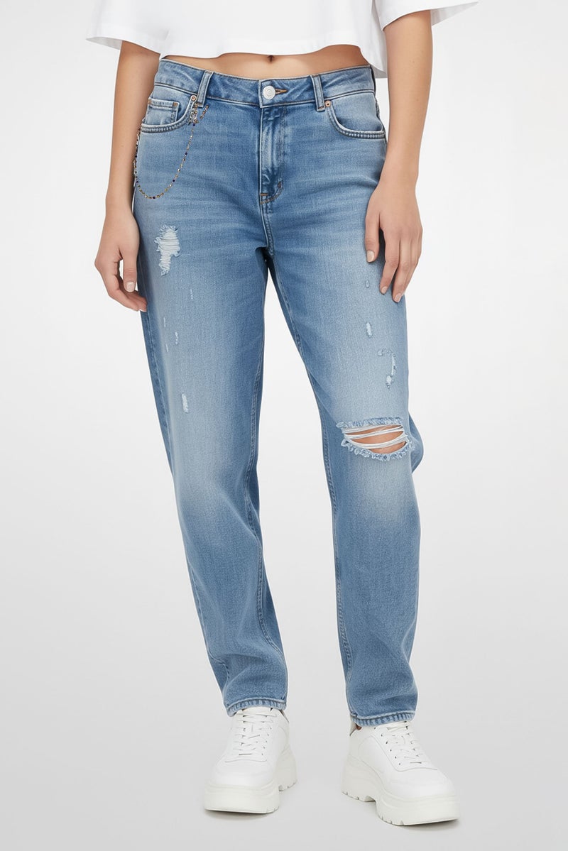Replay Women Tapered Fit Washed Stretchable Jeans, Light Blue - Image 1