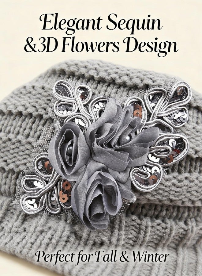 Caviotess C-US Women Winter Warm Knit Hat Crochet Visor Brim Cap with Flower Accent, Gray, One size - Image 5
