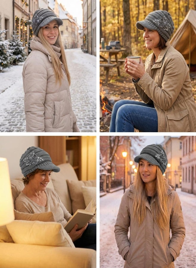 Caviotess C-US Women Winter Warm Knit Hat Crochet Visor Brim Cap with Flower Accent, Gray, One size - Image 3