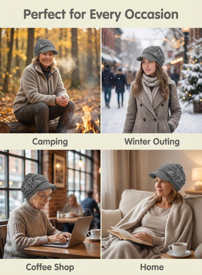 Caviotess C-US Women Winter Warm Knit Hat Crochet Visor Brim Cap with Flower Accent, Gray, One size - Image 2
