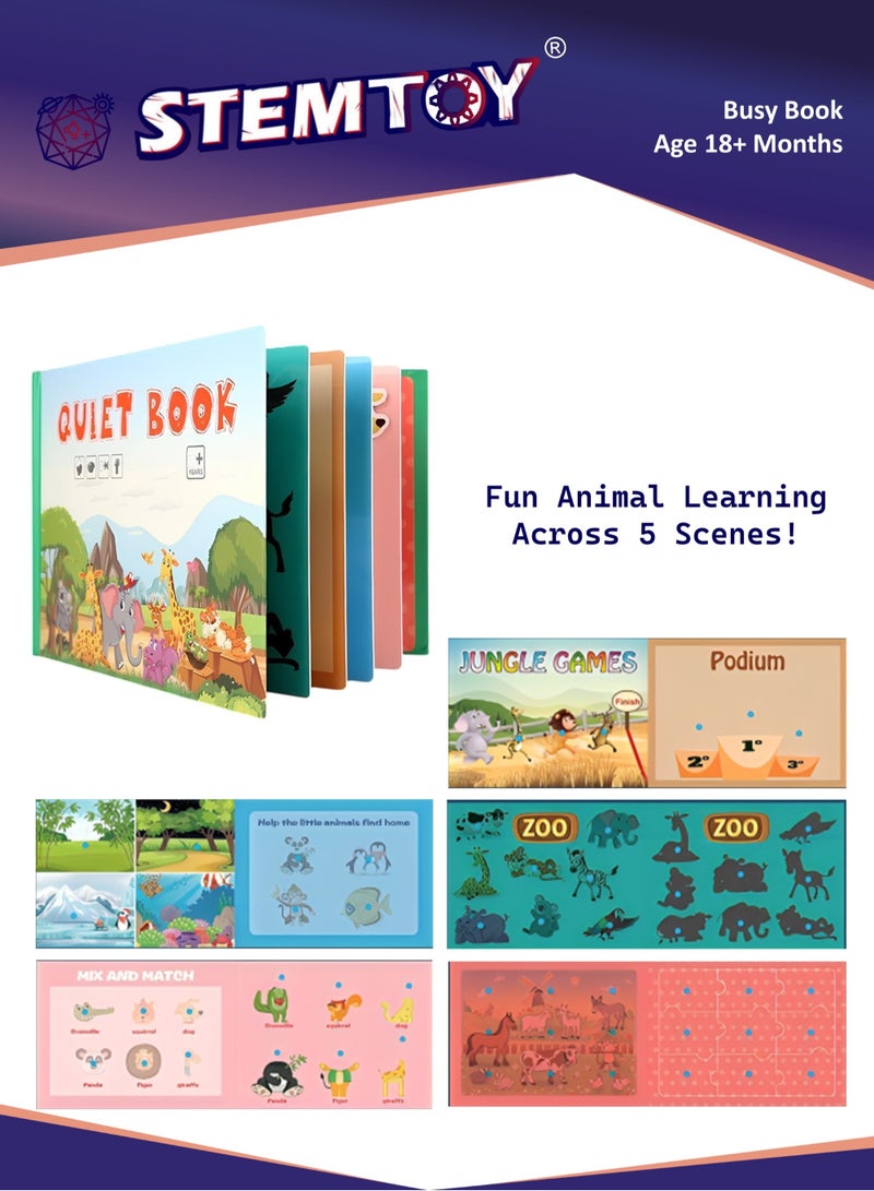 STEMTOY Quiet Book Busy Book for Toddlers, Montessori Homeschool Preschool STEM/ STEAM Educational Toy, Interactive Early Learning Activity, Sensory Cognitive Development Fine Motor Skills, Portable Washable Travel Gift for Babies Kids Boys Girls Ages 3-6, Animal Theme - Image 1
