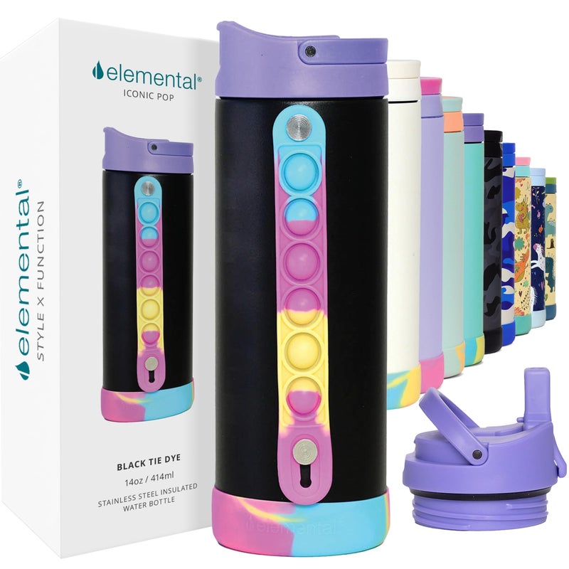 Elemental Iconic Kids Water Bottle with Straw Lid  Stress Relief Pop It Handle LeakProof When Closed Triple Insulated Kids Stainless Steel Water Bottle For Girls and Boys 14oz  Black Tie Dye