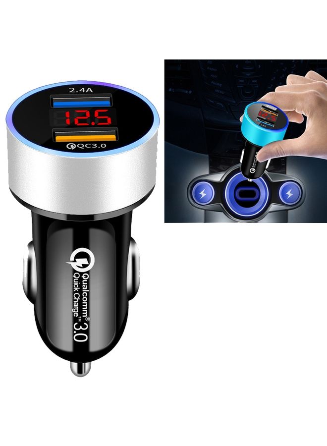 HuHa 2 PCS Aluminum Ring Display Car Charger  QC3.0+2.4A Aluminum Alloy Multi-function Halo Digital Display Car Charger(Snow Silver)  - Image 1