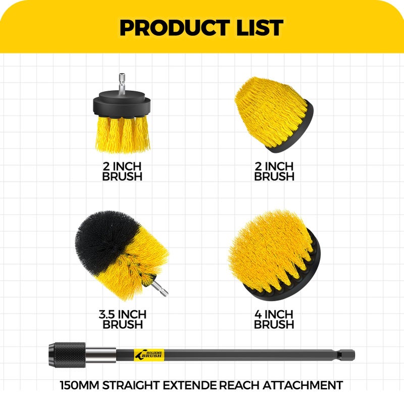 Holikme 5Pack Drill Brush Attachment Setï¼ŒPower Scrubber Brush Extended Long Attachment for Bathroom Surfaces, Grout, Floors, bathtubs, Showers, Tiles, Kitchens and Carsï¼ŒYellow - Image 5