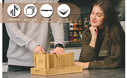 Kitchen Seven Bamboo Bread Slicer with Crumb Tray Bamboo Bread Cutter for Homemade Bread, Loaf Cakes, Bagels Slicer, 3 Slice Sizes, Adjustable, Compact, Foldable - Image 4