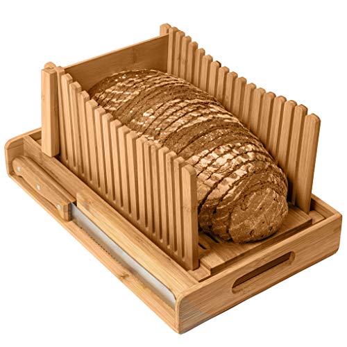 Kitchen Seven Bamboo Bread Slicer with Crumb Tray Bamboo Bread Cutter for Homemade Bread, Loaf Cakes, Bagels Slicer, 3 Slice Sizes, Adjustable, Compact, Foldable - Image 1