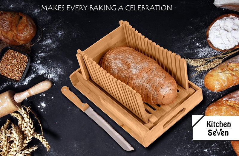 Kitchen Seven Bamboo Bread Slicer with Crumb Tray Bamboo Bread Cutter for Homemade Bread, Loaf Cakes, Bagels Slicer, 3 Slice Sizes, Adjustable, Compact, Foldable - Image 2