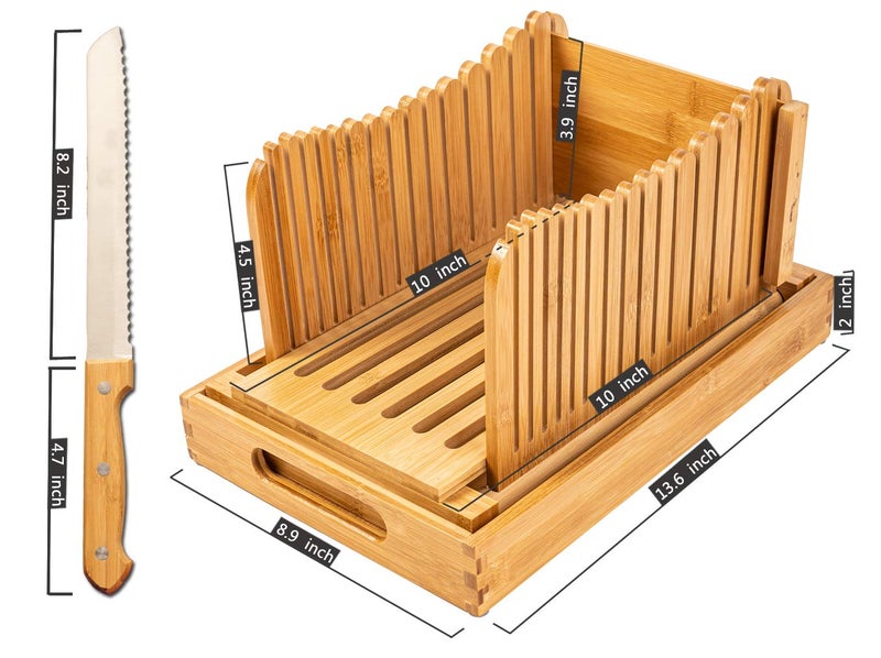 Kitchen Seven Bamboo Bread Slicer with Crumb Tray Bamboo Bread Cutter for Homemade Bread, Loaf Cakes, Bagels Slicer, 3 Slice Sizes, Adjustable, Compact, Foldable - Image 3