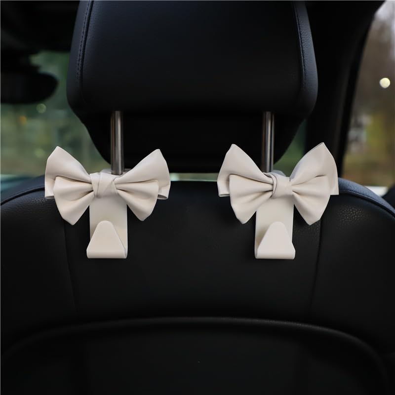 LIFOPY 2 Pack Car Purse Hooks, Cute Bow Car Seat Headrest Hook Hanger for Purses and Bags, Space-Saving Car Accessory (Cream white) - Image 1