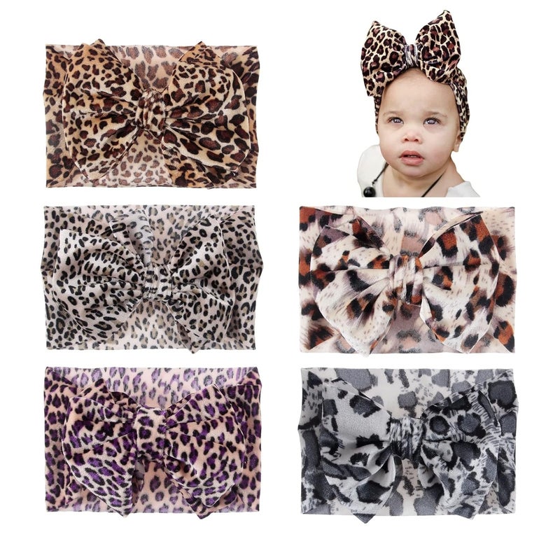 Nishine 5PCS Baby Girls Soft Wide Leopard Hair Turban Head Wraps Kids Stretchy Knotted Bows Headband for Children Hair Accessories Infant Headwraps - Image 2