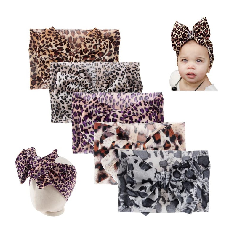 Nishine 5PCS Baby Girls Soft Wide Leopard Hair Turban Head Wraps Kids Stretchy Knotted Bows Headband for Children Hair Accessories Infant Headwraps - Image 1