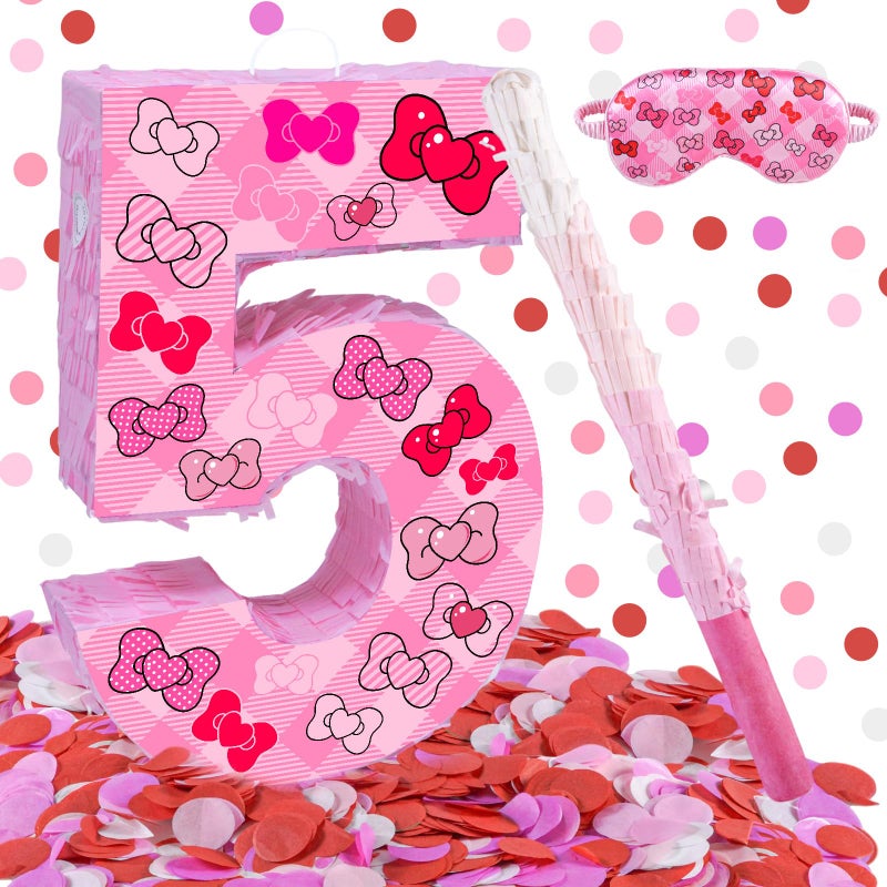 Lcoor Pink Bow 5th Birthday Decorations, 15.75inch Bow Number 5 PiÃ±ata with Blindfold Stick and Confetti for Pink Bow Birthday Party Supplies (5) - Image 1