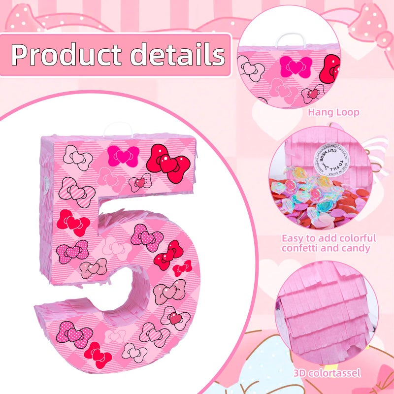 Lcoor Pink Bow 5th Birthday Decorations, 15.75inch Bow Number 5 PiÃ±ata with Blindfold Stick and Confetti for Pink Bow Birthday Party Supplies (5) - Image 3
