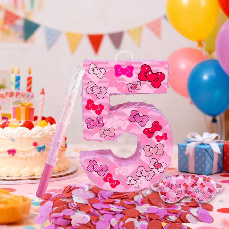 Lcoor Pink Bow 5th Birthday Decorations, 15.75inch Bow Number 5 PiÃ±ata with Blindfold Stick and Confetti for Pink Bow Birthday Party Supplies (5) - Image 5