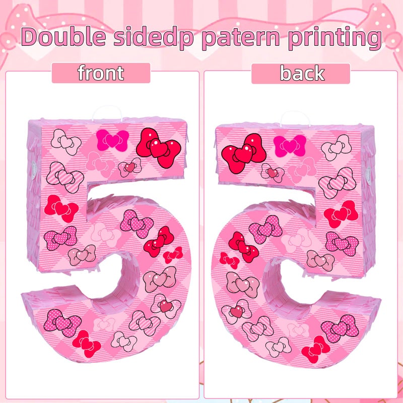 Lcoor Pink Bow 5th Birthday Decorations, 15.75inch Bow Number 5 PiÃ±ata with Blindfold Stick and Confetti for Pink Bow Birthday Party Supplies (5) - Image 4