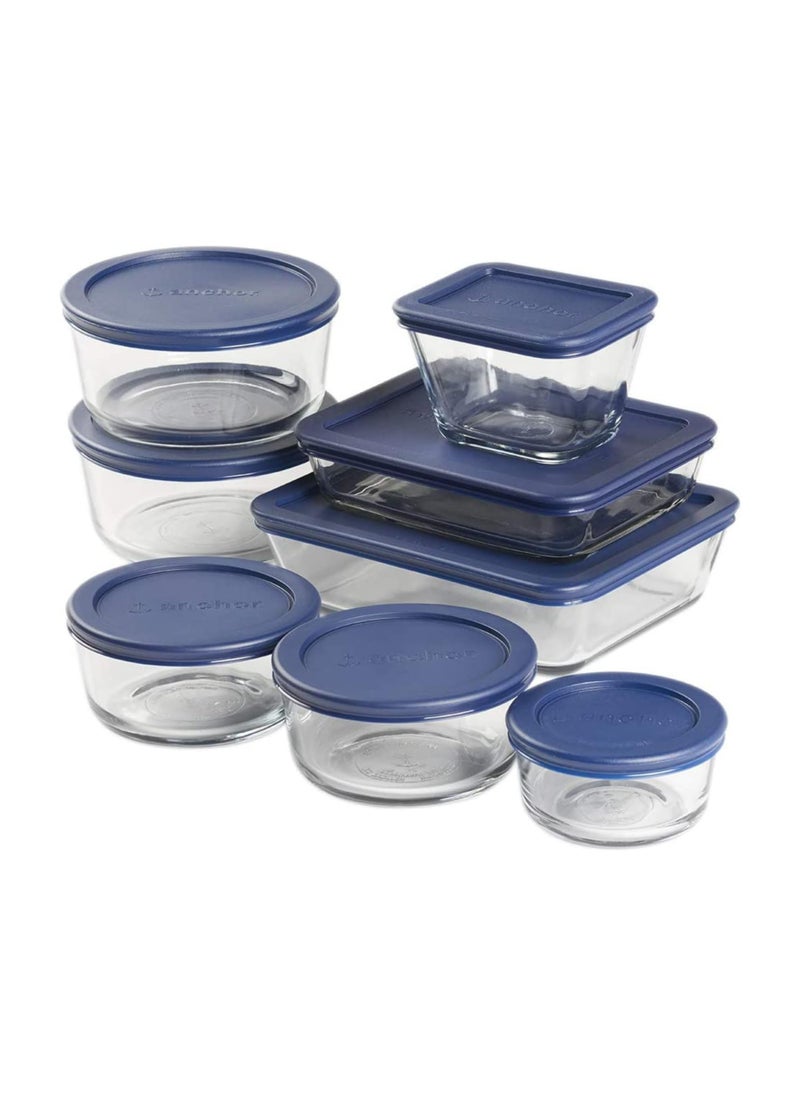 Anchor Hocking Anchor Hocking 16 Piece Glass Storage Containers with Lids 8 Glass Food Storage Containers  8 Navy Blue SnugFit Lids 
