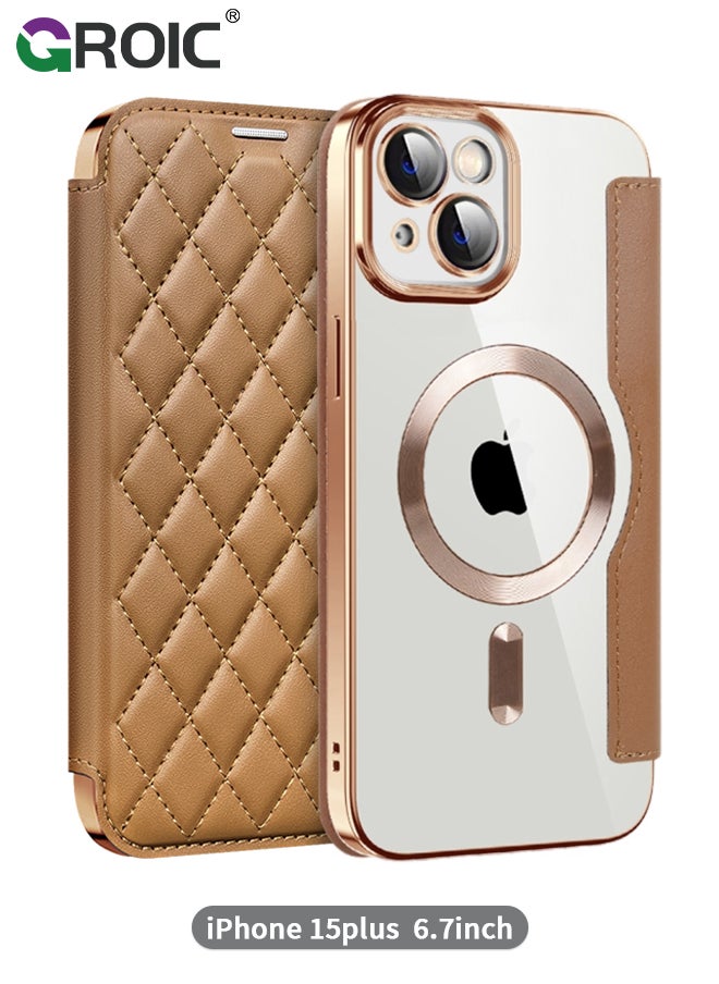 GROIC - For iPhone 15 Plus 6.7 Inch Phone Caes Wallet Case, PU Leather Folio Wallet Magnetic Protective Case with Card Holder Viewing Kickstand, Shockproof Transparent Backboard Cover Compatible for Magsafe - Image 1