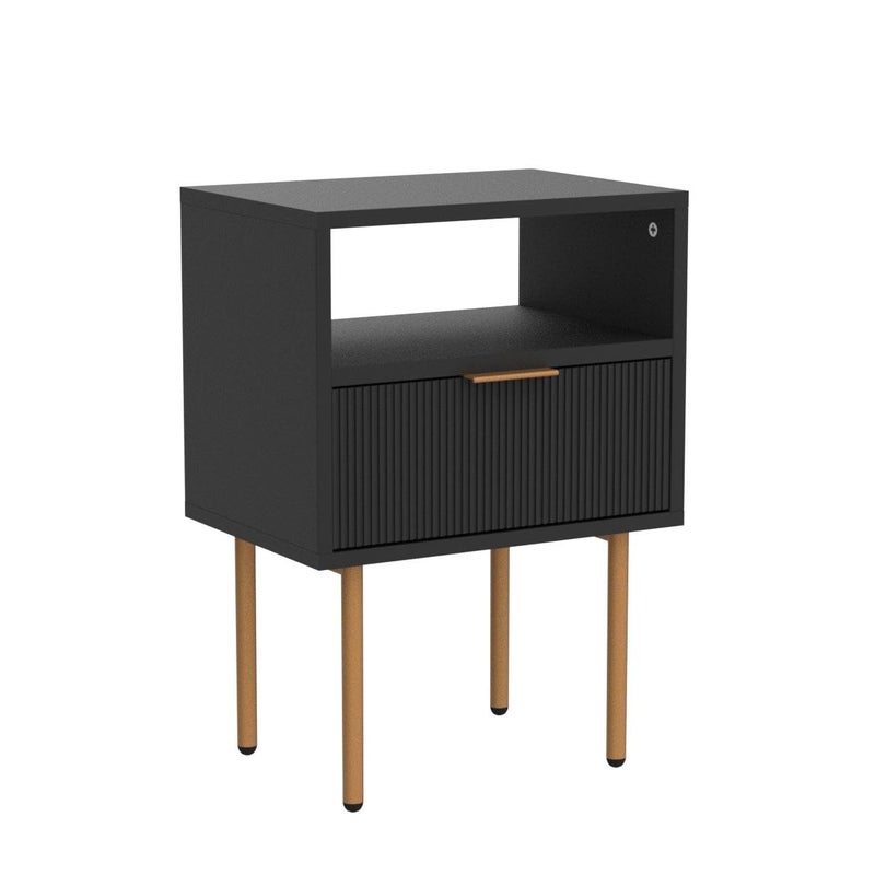Masupu Nightstand,Mid-Century Modern Bedside Table with Storage Drawer and Open Wood Shelf,Small Gold Frame Side Table for Bedroom,Living Room,Black - Image 4