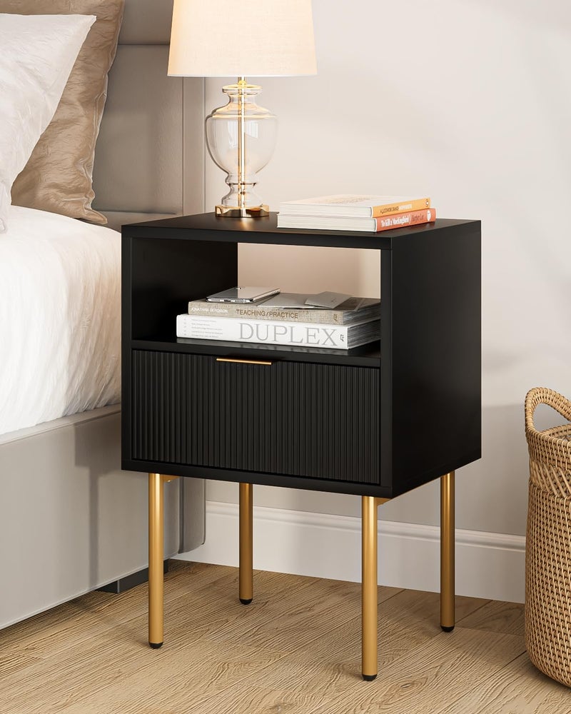 Masupu Nightstand,Mid-Century Modern Bedside Table with Storage Drawer and Open Wood Shelf,Small Gold Frame Side Table for Bedroom,Living Room,Black - Image 1