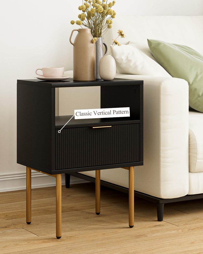 Masupu Nightstand,Mid-Century Modern Bedside Table with Storage Drawer and Open Wood Shelf,Small Gold Frame Side Table for Bedroom,Living Room,Black - Image 5