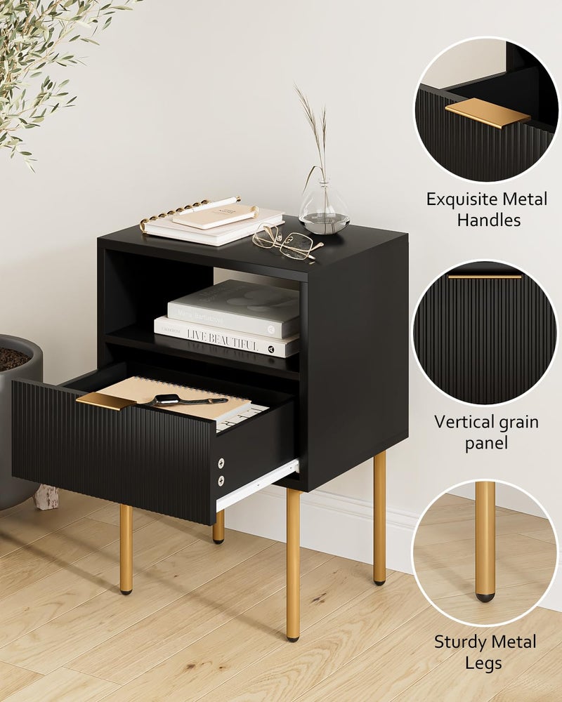 Masupu Nightstand,Mid-Century Modern Bedside Table with Storage Drawer and Open Wood Shelf,Small Gold Frame Side Table for Bedroom,Living Room,Black - Image 2