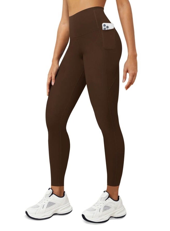 DLOODA Yoga Leggings for Women with Pockets High Waisted Tummy Control Yoga Pants Soft Buttery Workout Leggings Gym, Brown, L - Image 1