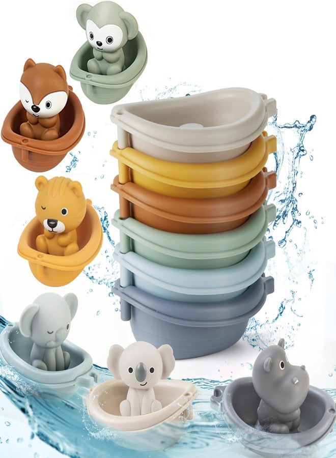 Auvitaya Baby Bath Toy Stackable Infant Bathtub Toys Stacking Floating Boat Train with Animal Finger Puppets Bath Toy Silicone Hand Puppet Educational Beach Toys for Babies Toddlers Party Favors - Image 1