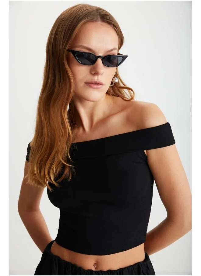 GRIMELANGE Grimelange Shann Women's Off-Shoulder Bardot Neck Short Sleeve Black Blouse