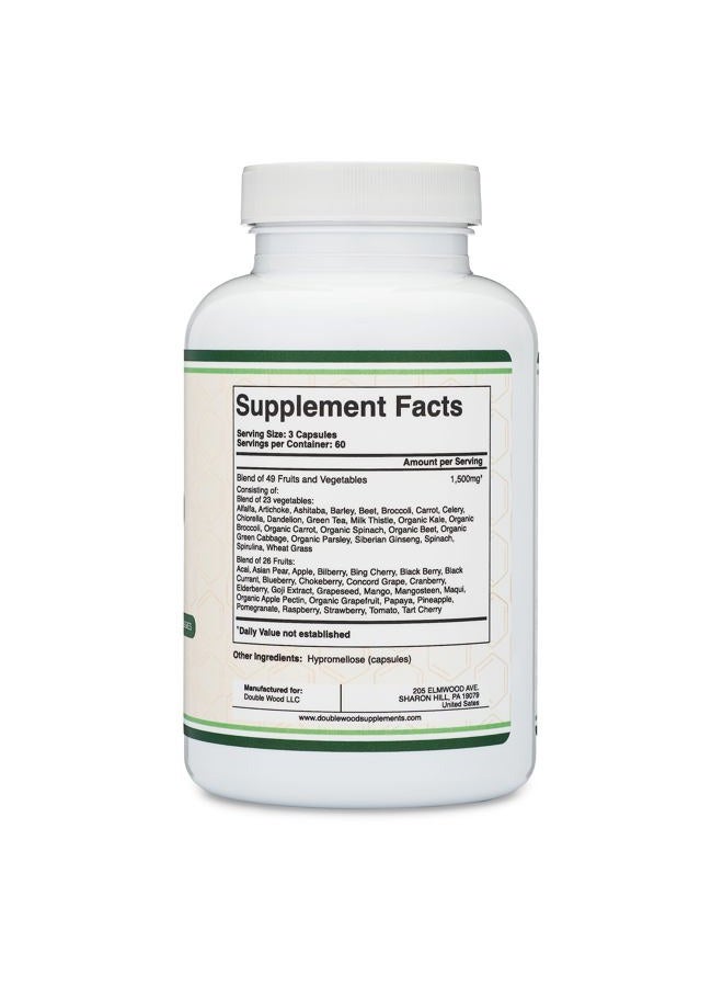 Double Wood Supplements Fruits and Veggies Supplement (Daily Blend of 49 Different Fruits and Vegetables, 23 Veggies and 29 Fruits) 1,500mg Servings, 180 Capsules (No Fillers, Vegan Safe, Non-GMO) by Double Wood - Image 2