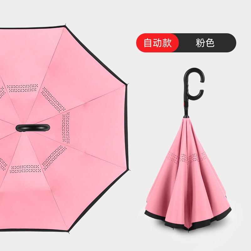 Hands-Free C-Handle Standable Reverse Umbrella Pink automatic model 