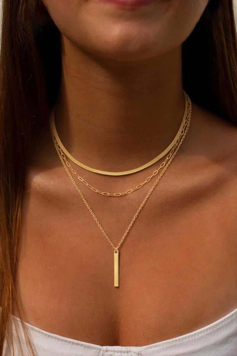 BERISO 14K Gold Plated Layered Necklace for Women, 3 Layer Dainty Gold Necklace with Minimalist Pendant, Elegant Everyday Gold Jewelry Gift - Image 2