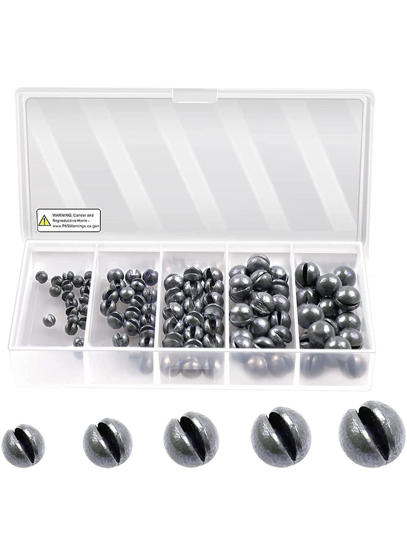 SYOSI طقم أوزان الصيد، 100 قطعة من أوزان الصيد المقسمة، أوزان الصيد، 5 أحجام، 7/1000 أونصة، 17/1000 أونصة، 7/200 أونصة، 1/20 أونصة، 7/100 أونصة، عبوة بلاستيكية 3.8 × 1.9 × 0.7 بوصة - Image 2