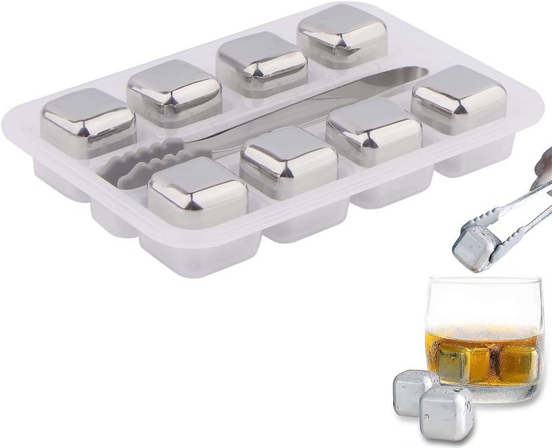 DRUMIL Stainless Steel 8PC ICE Cube Reusable Ice Cubes Stones Ice Cubes Set with Head Tongs and Ice Cube TraysSet of 8 - Image 1