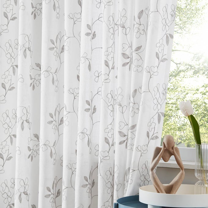 GREY FLORAL SHEER WHITE CURTAINS PANELS 84 INCH EMBROIDERY LEAF PATTERNED FARMHOUSE LIGHT FILTERING WINDOW SHEER DRAPES FOR LIVING ROOM BEDROOM WHITE AND GRAY ROD POCKET DRAPES 52WX84LX2