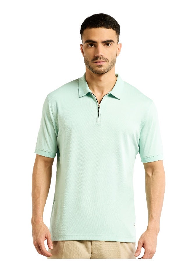 Beyoung Mist Green Zipper Collar Polo T-Shirt for Men  - Image 3