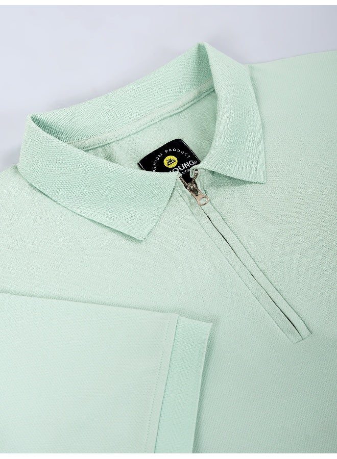 Beyoung Mist Green Zipper Collar Polo T-Shirt for Men  - Image 4