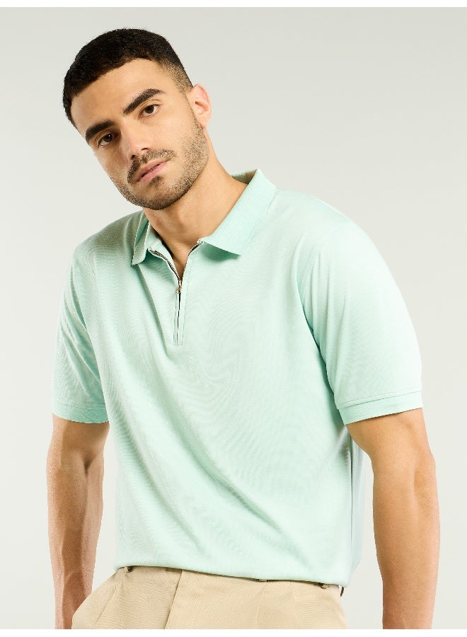 Beyoung Mist Green Zipper Collar Polo T-Shirt for Men  - Image 1