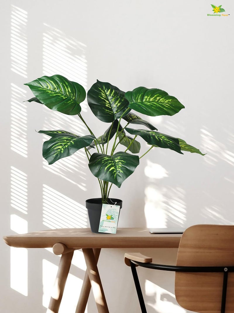 Blooming Floret Artificial Philodendron Plant With Basic Black Pot | 12 Green & Yellow Leaves | Ornamental Plant for Interior, Home & Office Decor | 50.8 cm Short Natural Looking - Image 1