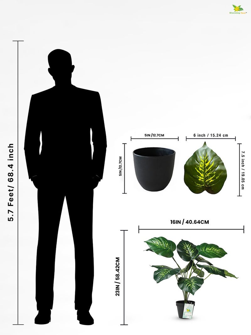 Blooming Floret Artificial Philodendron Plant With Basic Black Pot | 12 Green & Yellow Leaves | Ornamental Plant for Interior, Home & Office Decor | 50.8 cm Short Natural Looking - Image 3