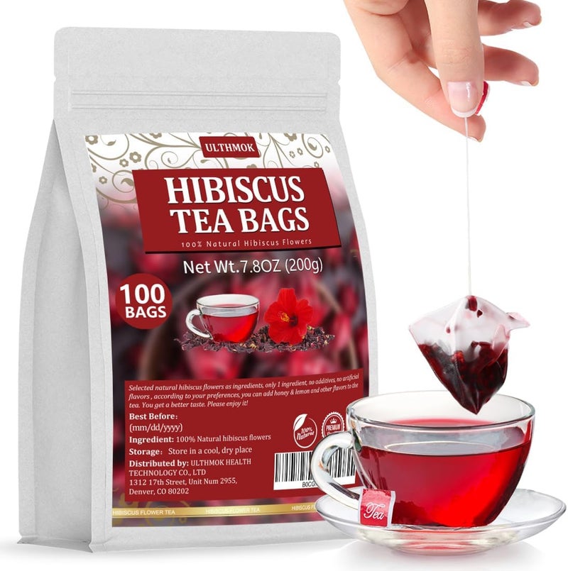 ULTHMOK Premium Hibiscus Tea Bags - 100% Pure Dried Hibiscus Flowers, 100 Tea Bags, Caffeine Free, Natural & No Additives - Image 1