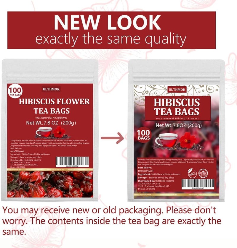 ULTHMOK Premium Hibiscus Tea Bags - 100% Pure Dried Hibiscus Flowers, 100 Tea Bags, Caffeine Free, Natural & No Additives - Image 2