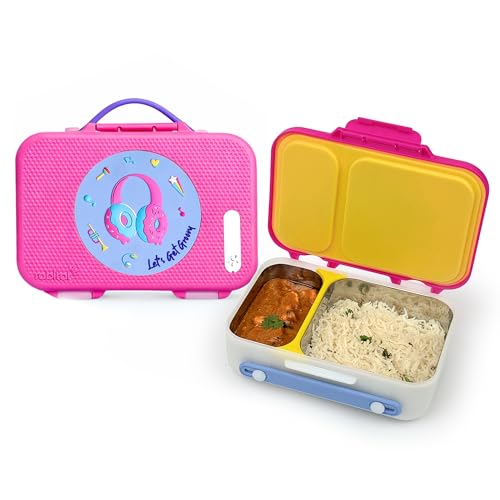 rabitat Munchbee Pro Stainless Steel Kids Lunch Box 850ml- Food-Grade Steel Bento Tiffin | 2-Year Brand Warranty | Spill-Proof Flick-Lock | 3 Compartments, BPA-Free, School-Safe | Miss Butter - Image 1