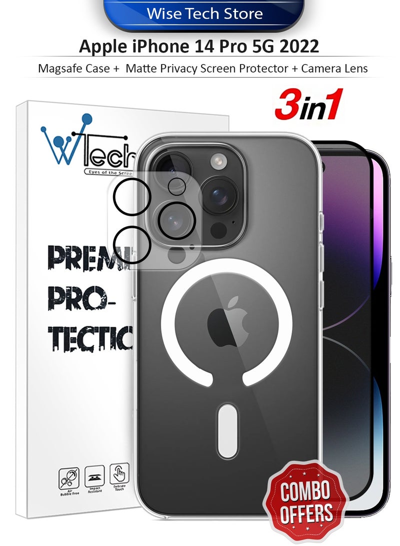 دبليو تيك حزمة حماية 3 في 1 لهاتف آبل آيفون 14 برو 5G 2022، غطاء شفاف مضاد للصدمات مع ماجسيف، واقي شاشة مات نهائي للخصوصية وواقي عدسة الكاميرا بحماية 360، تركيب سهل - شفاف/أسود - Image 1