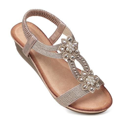 SHIBEVER Platform Sandals for Women Flower Rhinestone Low Heel Platform Sandals Elastic Ankle Strap Open Toe Dressy Summer Comfortable Shoes Champagne 7 - Image 1