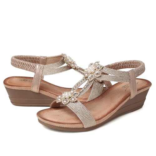 SHIBEVER Platform Sandals for Women Flower Rhinestone Low Heel Platform Sandals Elastic Ankle Strap Open Toe Dressy Summer Comfortable Shoes Champagne 7 - Image 3