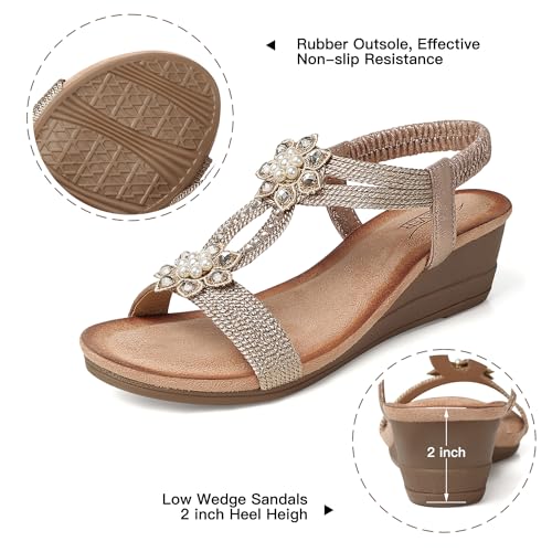 SHIBEVER Platform Sandals for Women Flower Rhinestone Low Heel Platform Sandals Elastic Ankle Strap Open Toe Dressy Summer Comfortable Shoes Champagne 7 - Image 4